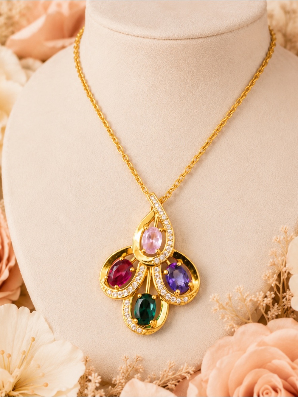 Gold Multicolor Gemstone Pendant Necklace - Women Jewelry